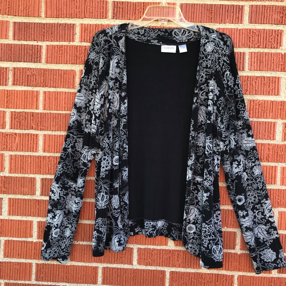Chico's travelers   Black and White Floral Cardigan size 3